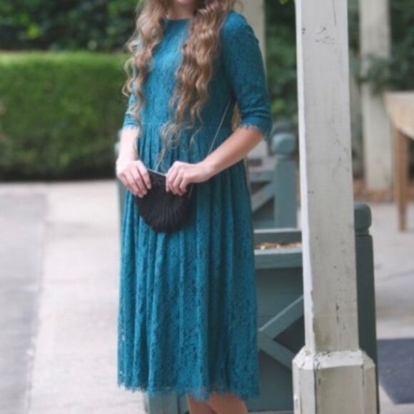 Dainty Jewells Graceful in Lace Jade Modest Dark Green Lace Fit and Flare Dress - Picture 2 of 13